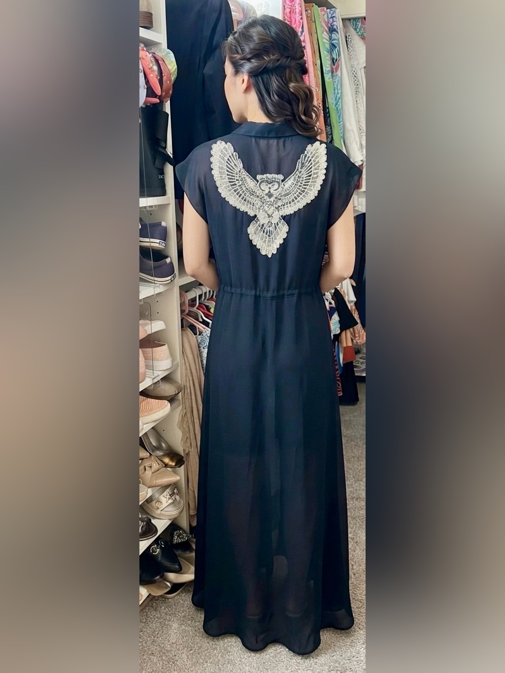 Sheryl Crow Beaded Owl Design Navy Hi Lo Dress L - New without Tags - Picture 9 of 9